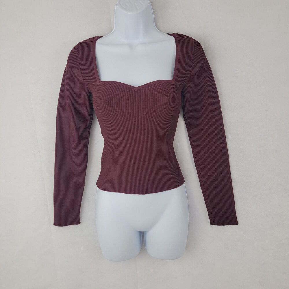 ARITZIA Babaton Womens Top Sz S Sculpt Knit Sweetheart Burgundy Long Sleeve